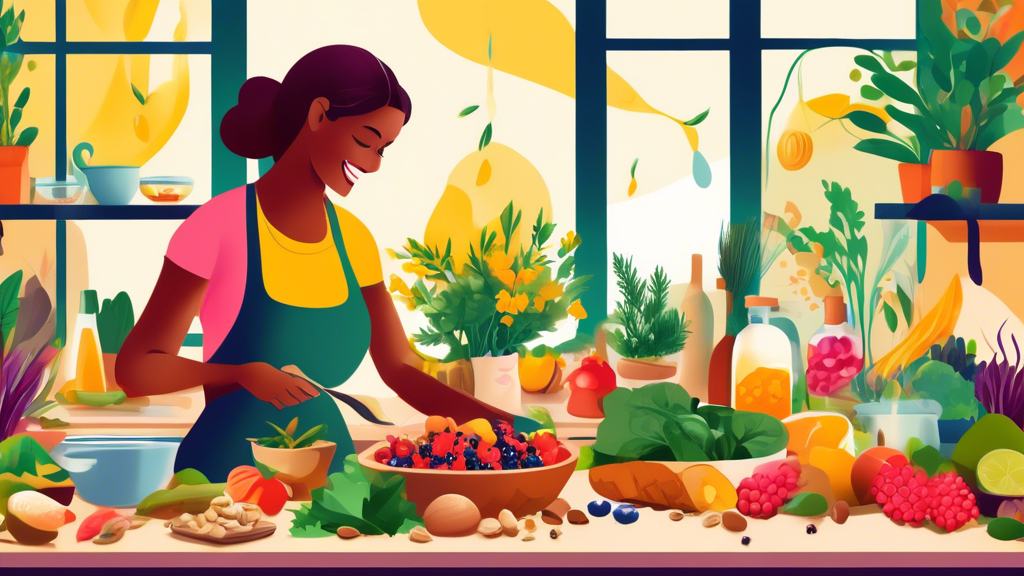 Create an image of a vibrant, colorful kitchen filled with fresh anti-inflammatory foods such as berries, leafy greens, turmeric, nuts, and fatty fish. Show a person happily preparing a healthy meal, with ingredients like ginger and olive oil prominently displayed. The backdrop can include a sunny window with plants, suggesting a healthy and lively atmosphere.