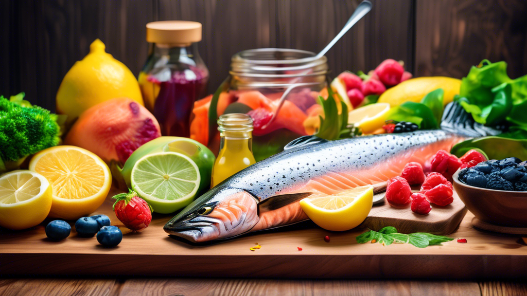 Create an image depicting the concept of a low inflammation diet for better health. Illustrate a vibrant and colorful array of healthy foods such as fresh fruits, vegetables, nuts, seeds, and fatty fish like salmon, arranged in an aesthetically pleasing manner on a wooden kitchen countertop. Include elements such as a glass of water with lemon slices, a bowl of mixed berries, and a leafy green salad. Surround the scene with soft, warm lighting to evoke a sense of wellbeing and vitality.