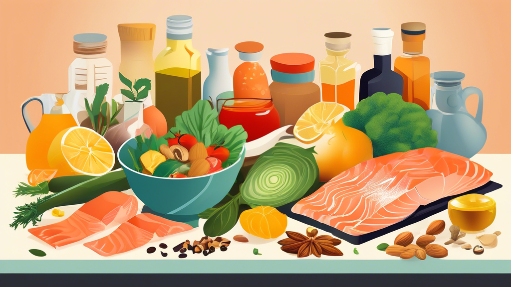 Create an illustration of a colorful and inviting kitchen scene featuring a variety of anti-inflammatory foods. Include ingredients such as fresh vegetables, fruits, olive oil, nuts, fatty fish like salmon, and spices like turmeric and ginger. Show these foods being prepared into a healthy, balanced meal, with a focus on fresh, whole ingredients.