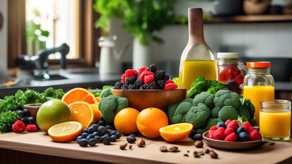 Create an image depicting a colorful, inviting kitchen setting with a variety of anti-inflammatory foods artistically arranged on the counter. Include fresh fruits like berries and oranges, vibrant vegetables such as spinach, kale, and broccoli, a bottle of olive oil, nuts, seeds, and a steaming cup of green tea. Highlight a cookbook titled 'Inflammation Diet Guide' on the kitchen island.