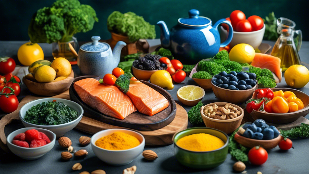 Create an image of a vibrant, colorful kitchen table spread featuring the top 10 best anti-inflammatory foods. Include a variety of fresh fruits and vegetables such as blueberries, kale, broccoli, and tomatoes. Add fatty fish like salmon, nuts such as almonds and walnuts, and a small bowl of turmeric powder. Include a teapot of green tea steaming in the background. Make sure the scene is bright and inviting, emphasizing health and wellness.