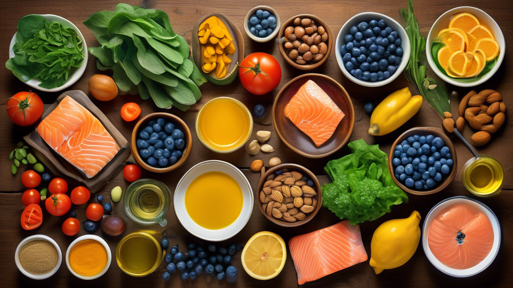 Illustration of a colorful and vibrant array of top anti-inflammatory foods, including blueberries, leafy greens, turmeric, ginger, nuts, olive oil, tomatoes, and salmon, artistically arranged on a rustic wooden table. Surround the foods with gentle, glowing halos to signify their healing properties, and include labels for each food item.